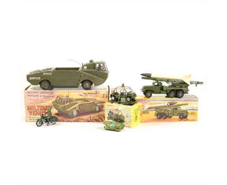 Dinky Toys; no.665 Honest John Missile Launcher, no.601 Austin Para-Moke with parachute, platform and instructions, Marx Toys