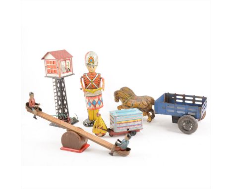 Tin-plate toys; five including Louis Marx double horse drawn wagon, Marx railway signal tower, Marx drummer, Welsotoys Dairie