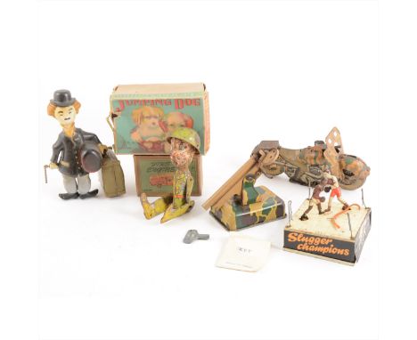 Tin-plate clock-work toys; seven to include Slugger Champions, Jumping Dog, boxed, Fire Engine, box, motorbike, and others, a