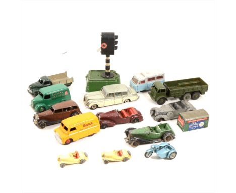 Dinky, Matchbox and other die-cast models; a selection of loose examples including pre-war 30D Vauxhall with brown body and o