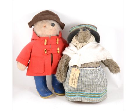 Gabrielle Designs Ltd Paddington Bear c1970s, red coat, blue Dunlop Wellington boots, 47cm, (no tag), and Aunt Lucy, green/gr