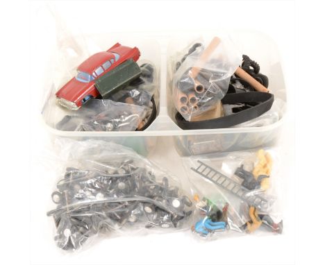 Die-cast model vehicles, car spares, including large selection of axles, tires, drivers, and a Spot-On Vauxhall Crest model (