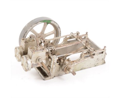 A twin-cylinder mill engine; live steam model, aprox 1inch scale, with 5inch flywheel, unmounted and (a/f), 25cm length.