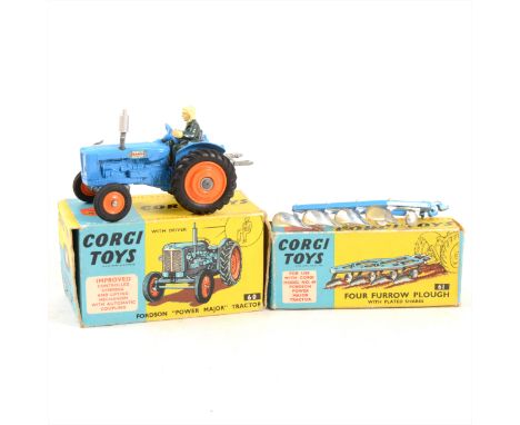 Corgi Toys; no.60 Fordson 'Power Major' tractor, no.61 four furrow plough, both boxed. (Qty: 2)