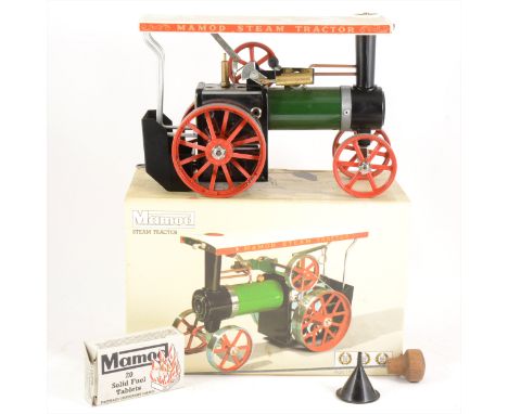 Mamod live steam; TE1a steam tractor traction engine, boxed with inner card tray, steering pole, burner, scuttle, funnel and 