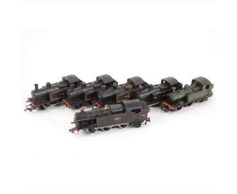 OO gauge model railway locomotives; six tank engines including Tri-ang and Hornby R52 black 47606 (x3), R52 25 LMS, Airfix 0-
