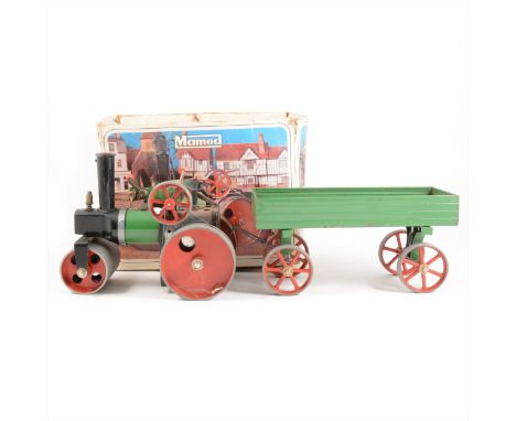 Mamod live steam; SR1a steam roller engine, boxed and a green trailer wagon, unboxed, (a/f).