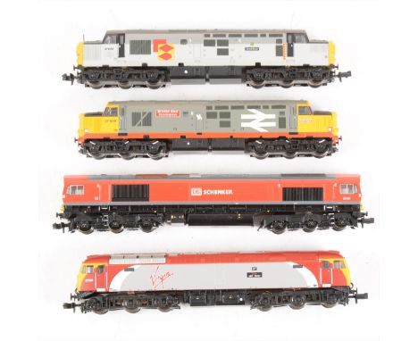 Bachmann N gauge model railway diesel locomotives; four including class 66101 DB Schenker, 'Jeff Travy' Virgin class 57306, G