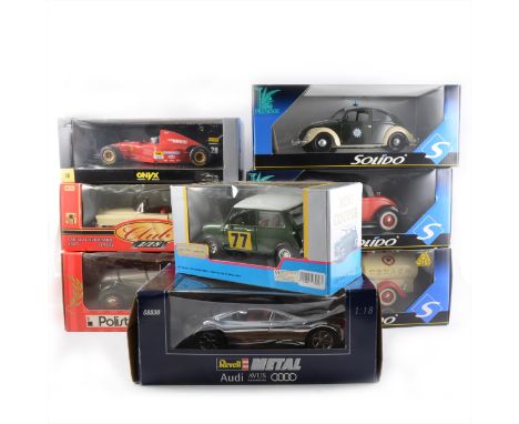 1:18 scale die-cast models; eight including Solido 1956 VW police car, Ford Citerne 1936, Ford Cabriolet, Revel Audi Avus Qua