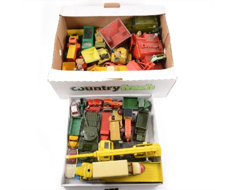 Loose die-cast models and vehicles; two trays of mostly Corgi, Matchbox, Dinky and Britains, including refuse truck, Harris t