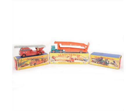 Matchbox Toys; K-15 King Size Merryweather fire engine, M-8 Major Pack car transporter 'Farnborough Measham', both boxed, and