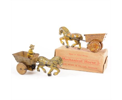 Louis Marx Toys; two tin-plate horse drawn carts, Mechanical Horse, 25cm, boxed, and one with a driver, 25cm.