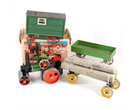 Mamod live steam; SR1A steam roller model, boxed with scuttle, wagon trailer, log trailer and a scratch built balsa wood Gyps
