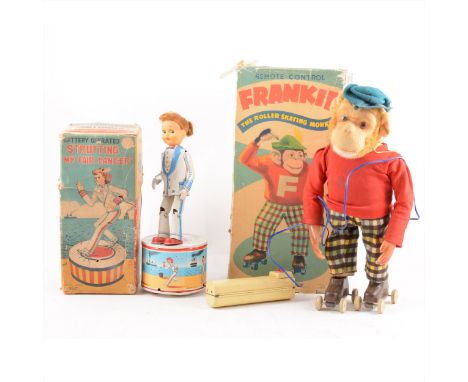 Japanese Tin-plate battery operated toys; Haji Strutting 'My Fair Dancer' boxed, 28cm, and an Alps Frankie The Roller Skating