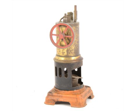 A German made vertical single cylinder live steam stationary engine, with burner, (no chimney), 21cm tall.