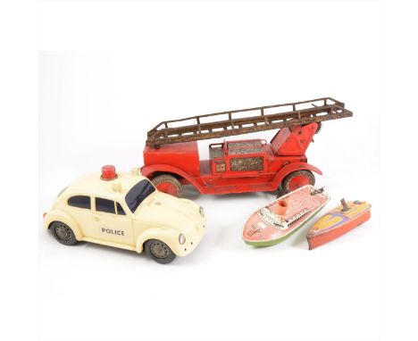 Tin-plate and battery operated toys; four including two tin-plate speedboats, fire engine, 35cm, and plastic battery operated