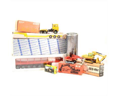 Scale models; eight to including Conrad Mack Bulldog with Talbert loader Zon model Nooteboom 6AX flat trailer, NZG 155-RH Rus