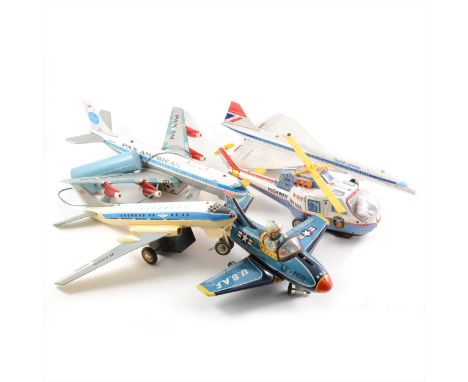 Tin-plate toy aircraft; five including Louis Marx 'Pan American' Boeing, 39cm, Nomura Japan XF-160 USAF aeroplane, 29cm, Topl