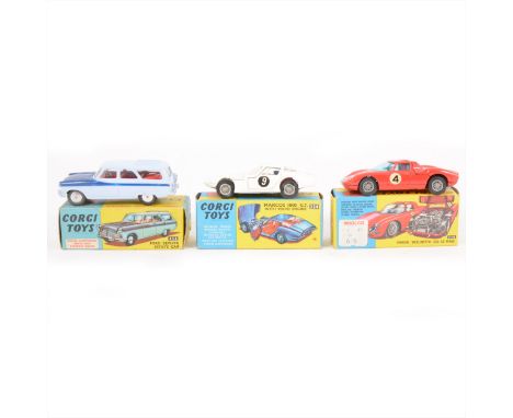 Corgi Toys; three including no.424 Ford Zephyr Estate car, no.314 Ferrari 'Berlinetta' 250 Le Mans, no.324 Marcos 1800 GT wit