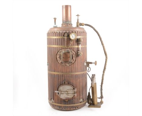 A well built vertical upright live steam boiler engine; with wooden planking and brass bands, pressure gauge, 42cm height, un