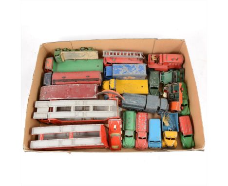 Dinky Toys loose playworn models; one tray including no.984 Auto Service car carrier and trailer, Foden Regent petrol tanker,