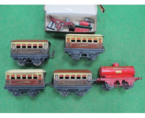 Five Playworn Hornby 'O' Gauge Four Wheeled Rolling Stock Items, to include Pullman Majorie, Aurelia, Shell tanker plus a qua