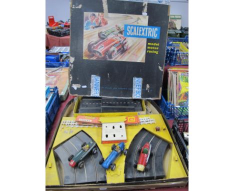 An Early Scalextric Set from The Makers of Scalex and Startex, to include three tinplate slot racing cars, N No 7 8 and 9, tw