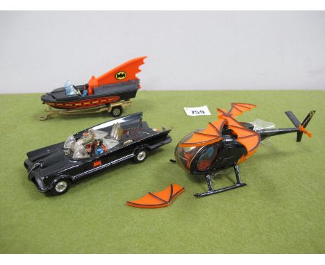 Corgi Diecast Model Batmobile, Bat boat on trailer, Bat helicopter (damage to one rotor blade), unboxed.