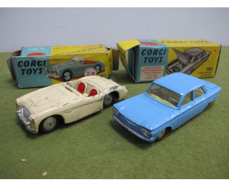 Two Boxed Corgi Toys Diecast Model Vehicles, comprising of No. 229 Chevrolet Corvair, mid blue body yellow interior, chips an