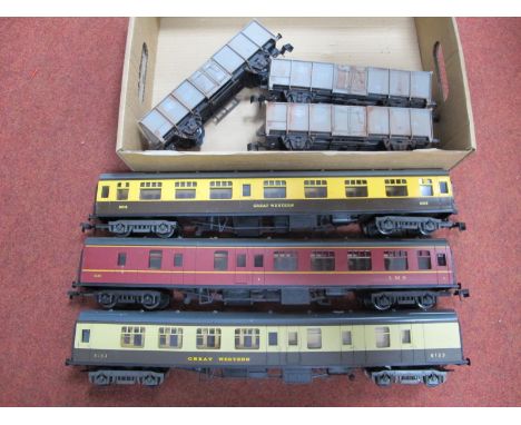 Three Lima 'O' Gauge/7mm Unboxed MK1 Coaches, two Great western, one L.M.S maroon (brake R/No. 5051). Plus three BR steel ore