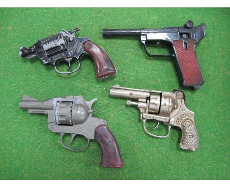 Four Children's Toy Cap Guns/Pistols, including Hubley Dandy Police .38, Crescent Federal Agent S-Agent, playworn, some damag