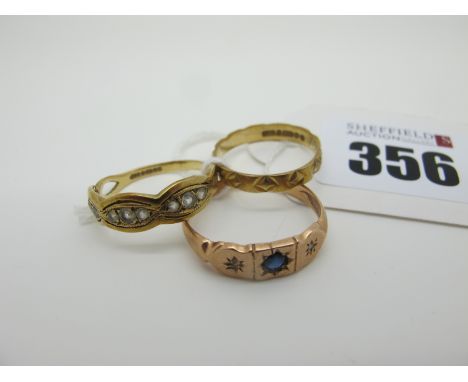 A 9ct Gold Patterned Band, (finger size M); a 9ct gold half eternity style ring; a 9ct gold ring, illusion set (5grams). (3) 