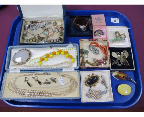 Vintage and Later Costume Jewellery, including large oval panel brooch, chains and pendants, imitation pearls, gilt and ename