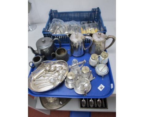 Assorted Plated Ware, including Czechoslovakian cruet stand (damaged); further cruet stand, swing handled dish, tea wares, as