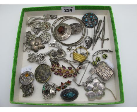 A Collection of Assorted Brooches, including Modernist style, Celtic style, enamel, Scottish hallmarked silver etc; together 
