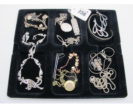 Escorcia; A Modernist Style Bangle, stamped "Mex TP.120"; together with pendants on chains, oval locket pendant, Egyptian car