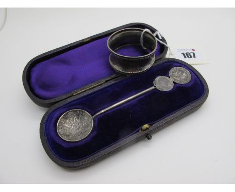 A Novelty Teaspoon, the bowl made from a 1914 Florin, with threepence and sixpence finial, in original fitted case; together 