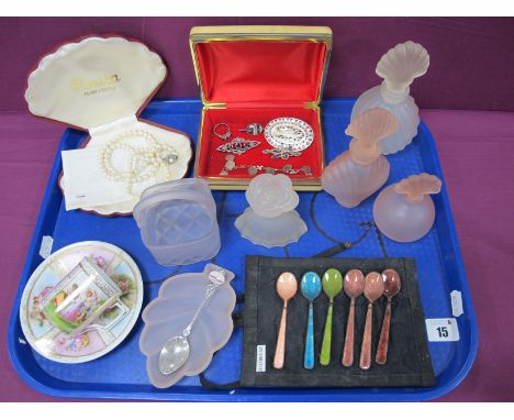 Decorative Marcasite Set Bar Brooches, of openwork design, a Blue John oval panel brooch, frosted glass scent bottles, enamel