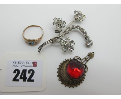 A Vintage 9ct Gold Ring, (shank cut); a Victorian style drop pendant, a costume brooch. 