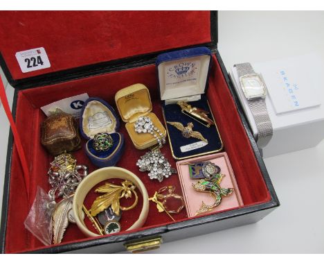 Costume Jewellery, including brooches, dress ring, bangle, RAF wings brooch, Young Conservatives enamel badge, modern Skagen 