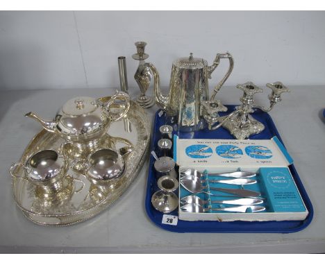 A Plated Three Piece Tea Set, a XIX Century plated coffee pot, decorative oval gallery style tray with presentation inscripti