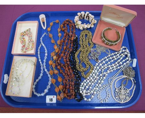A Modern Long Single Strand Fresh Water Pearl Bead Necklace, decorative bracelet with tiger's eye beads, vintage shell neckla