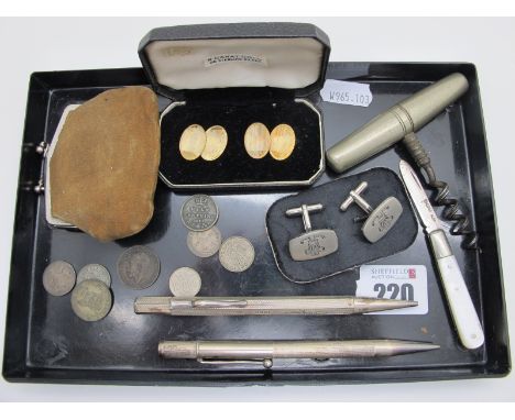Vintage and Later Cufflinks, folding corkscrew, small hallmarked silver and mother of pearl folding fruit knife, engine turne