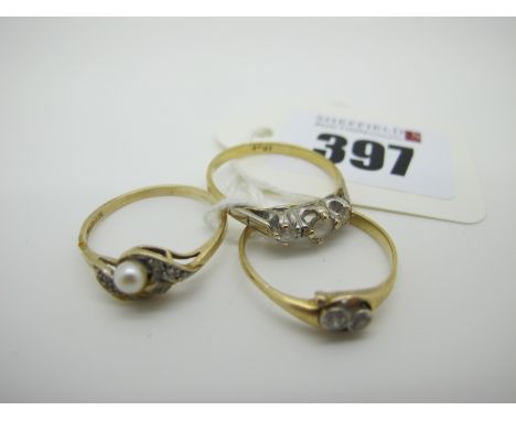 A 9ct Gold Dress Ring, pearl set (finger size R) (1.3grams); two further dress rings, both stamped "18ct" (finger sizes noted