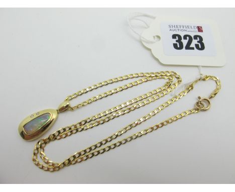 A Modern Opal Pendant, rubover set, indistinctly stamped "750", on a curb link chain stamped "375". 