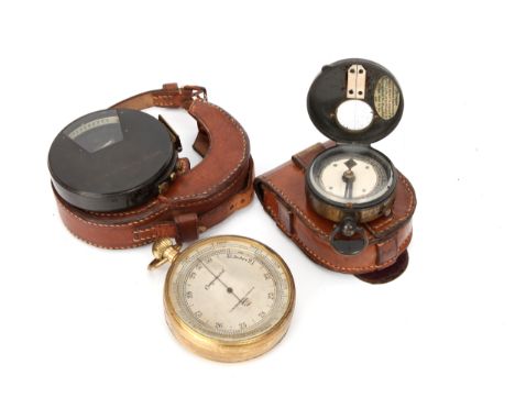 A Collection of Three Pocket Instruments, large pocket barometer by T Reynolds Son &amp; Wardale, London, 7cm diameter, pocke