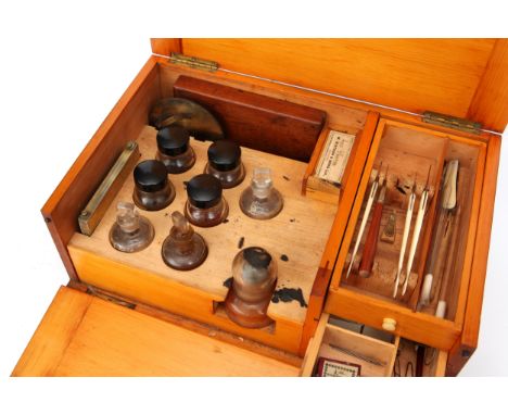 A Microscope Slide Preparation Set by Watson &amp; Sons, polished light wood case containing bottles, ringing table spirit la