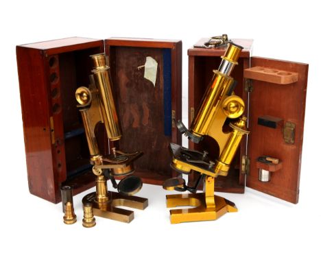Two Brass Microscopes by Beck, first, housed in French polished mahogany case, on horse shoe shaped base engraved 'R &amp; J 