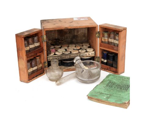 Statham' Youth's Chemical Cabinet - Chemistry Set, unpolished wooden case opens to reveal 12 fitted bottles and a tray contai