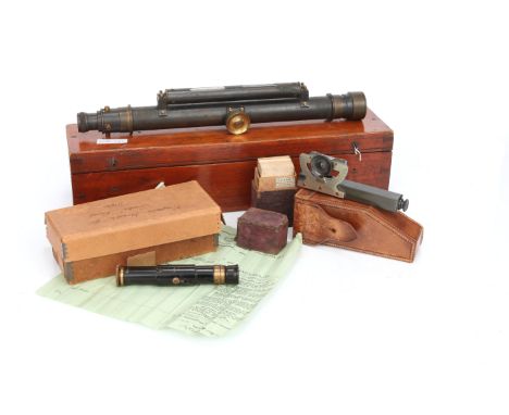 Surveying Instruments, a telescope with bubble level in a mahogany case (for a theodolite or miner's dial), an Abney level or